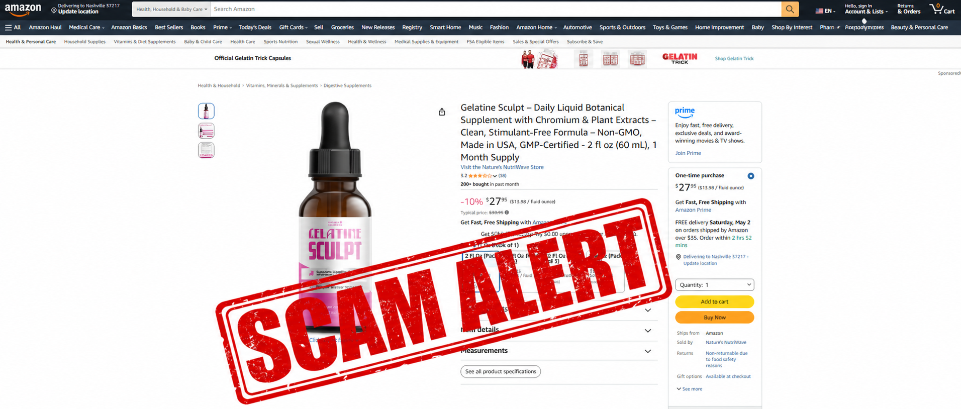 Warning image showing non-original Gelatine Sculpt products being sold on Amazon without official manufacturer guarantee