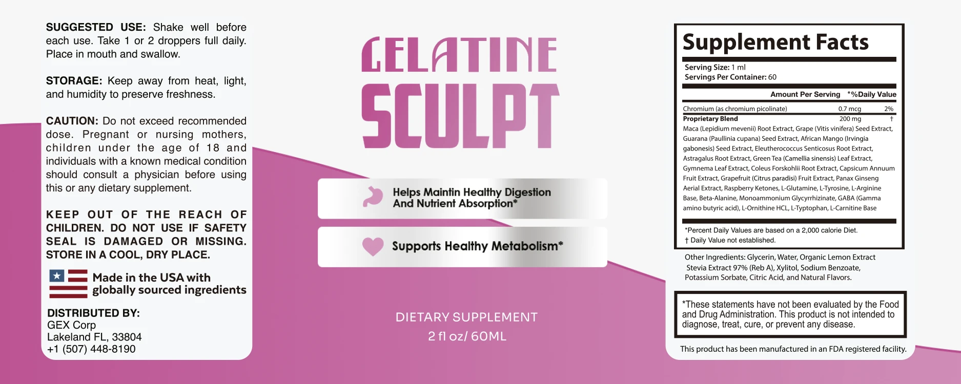 Gelatine Sculpt product label showing supplement information and natural weight loss formula details