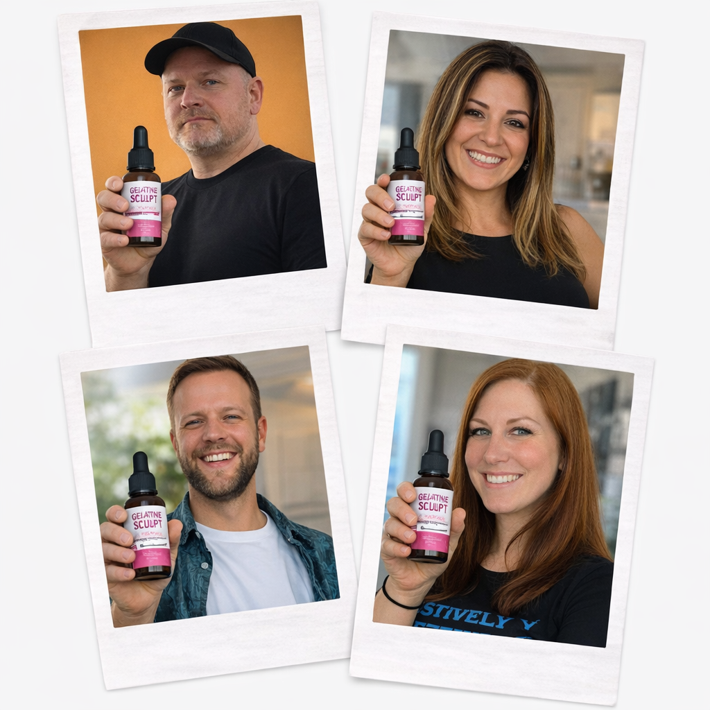 Polaroid-style image of Gelatine Sculpt supplement showcasing the product bottle for natural weight loss and metabolism support