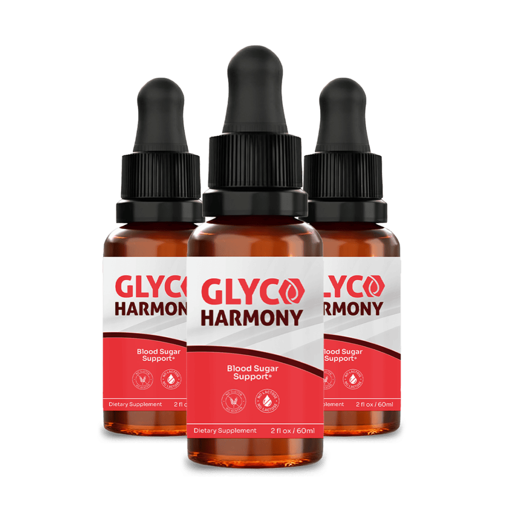 Gluco Harmony liquid drops in a 3‑bottle bundle for healthy blood sugar support and natural diabetes management.