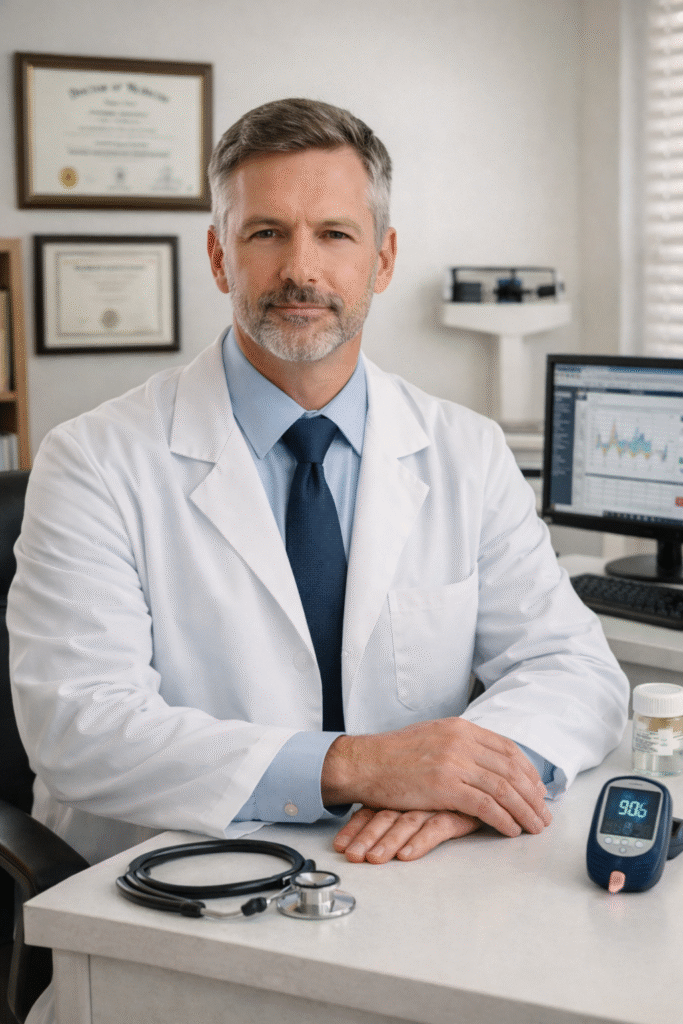 Endocrinologist in a medical office reviewing and approving Gluco Harmony Drops as a natural blood sugar support supplement.