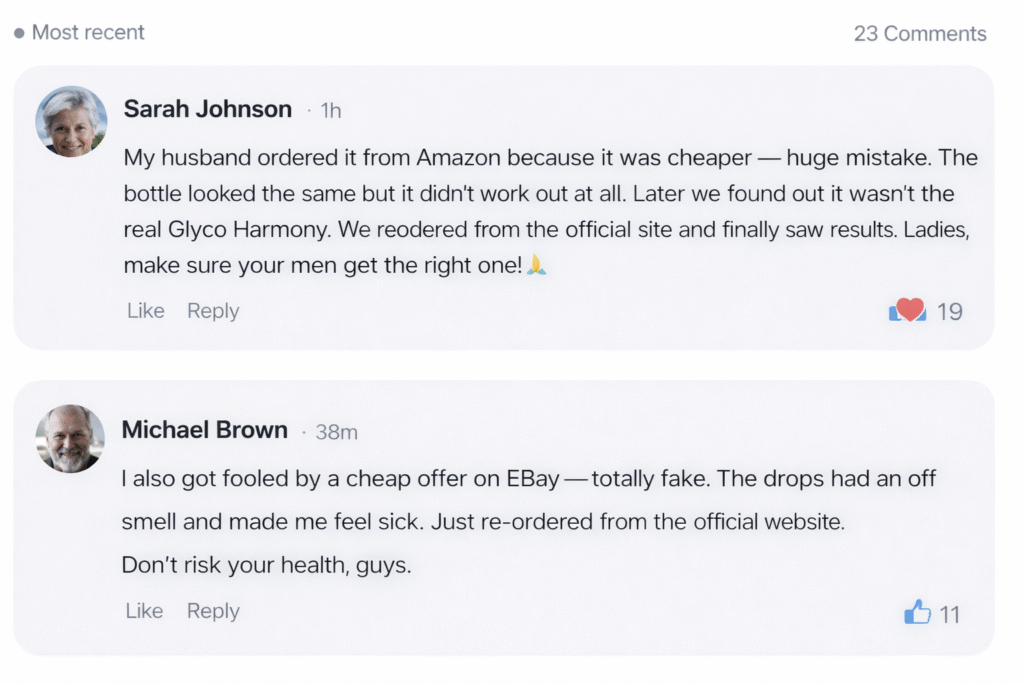 Customer reviews warning about fake Gluco Harmony Drops sold by unauthorized sellers and reporting they were scammed.