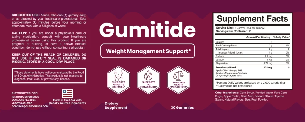 Official Gumitide supplement facts label with ingredients and directions