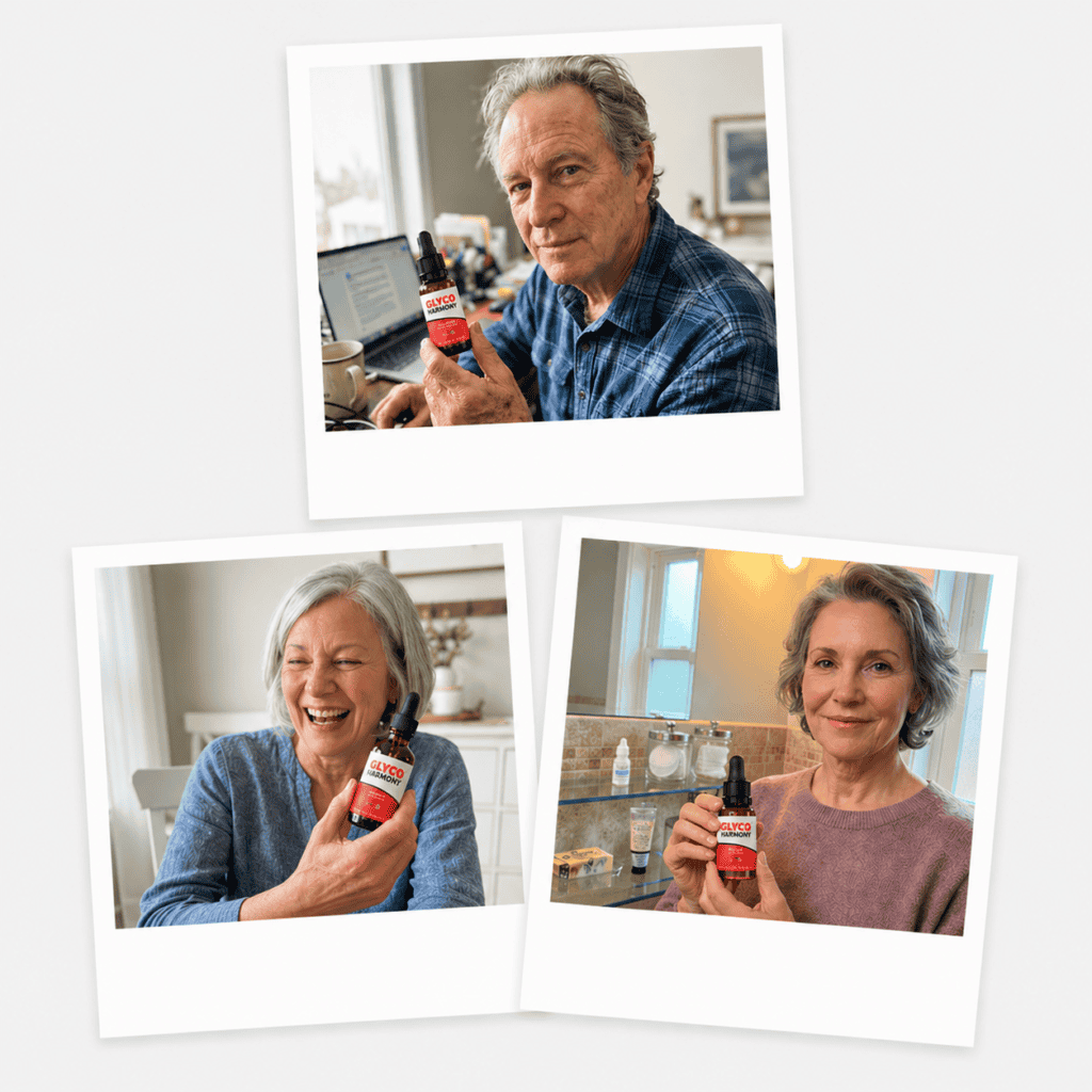 Happy customers holding Gluco Harmony Drops, showing positive experiences with the blood sugar support supplement.