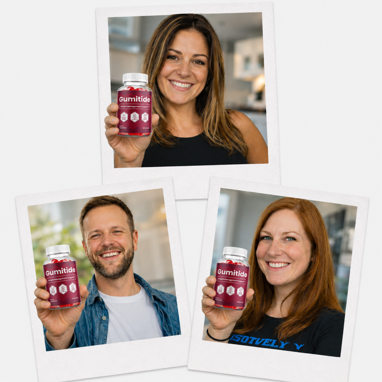 Happy people holding Gumitide gummies after successful weight loss transformation