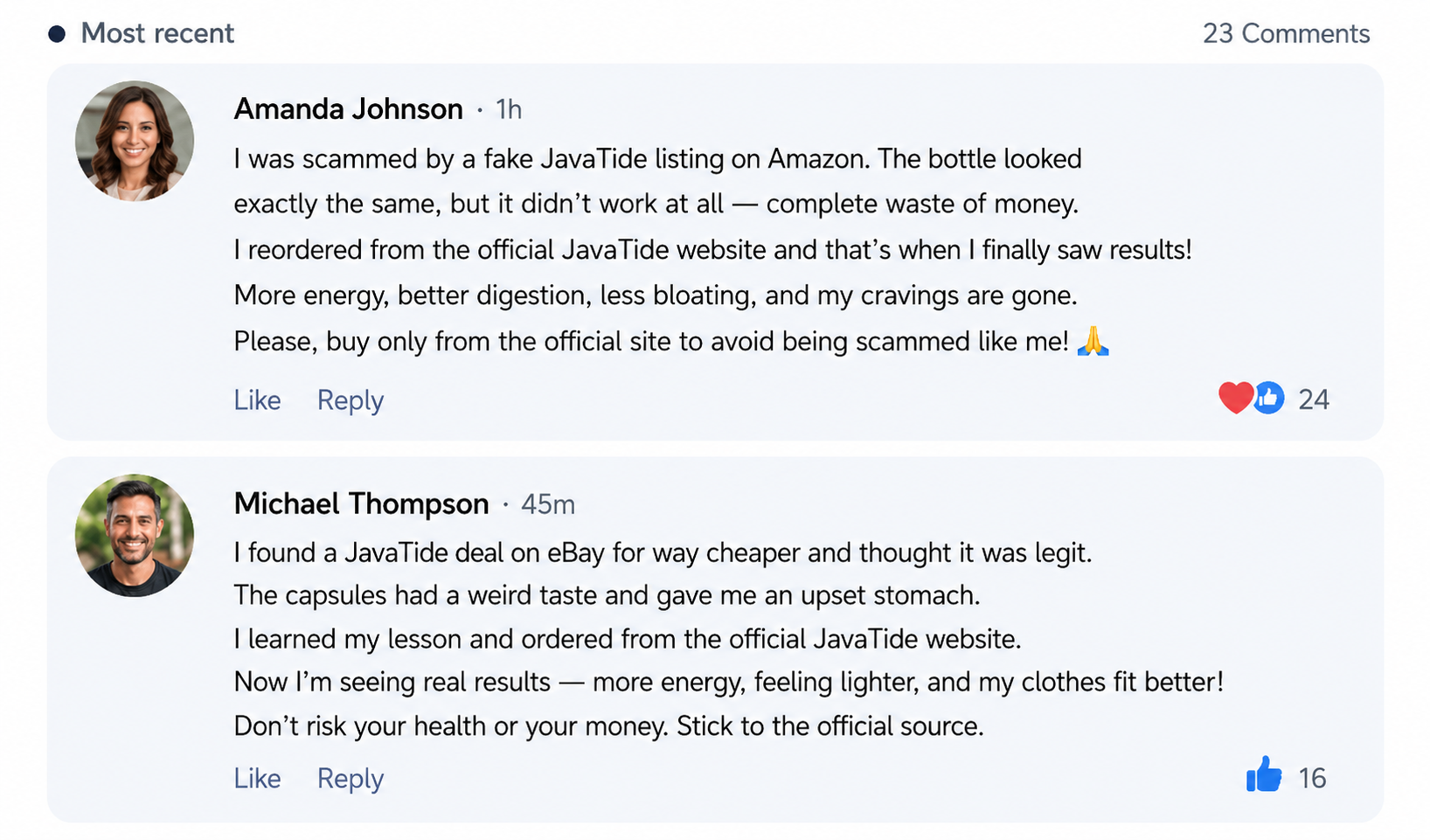 Customer reviews warning about counterfeit JavaTide supplements purchased from unofficial sellers