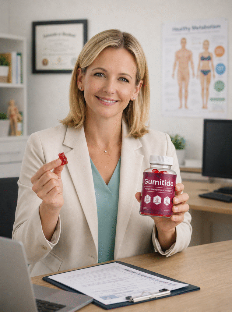 Female doctor holding Gumitide gummies and endorsing metabolic support benefits