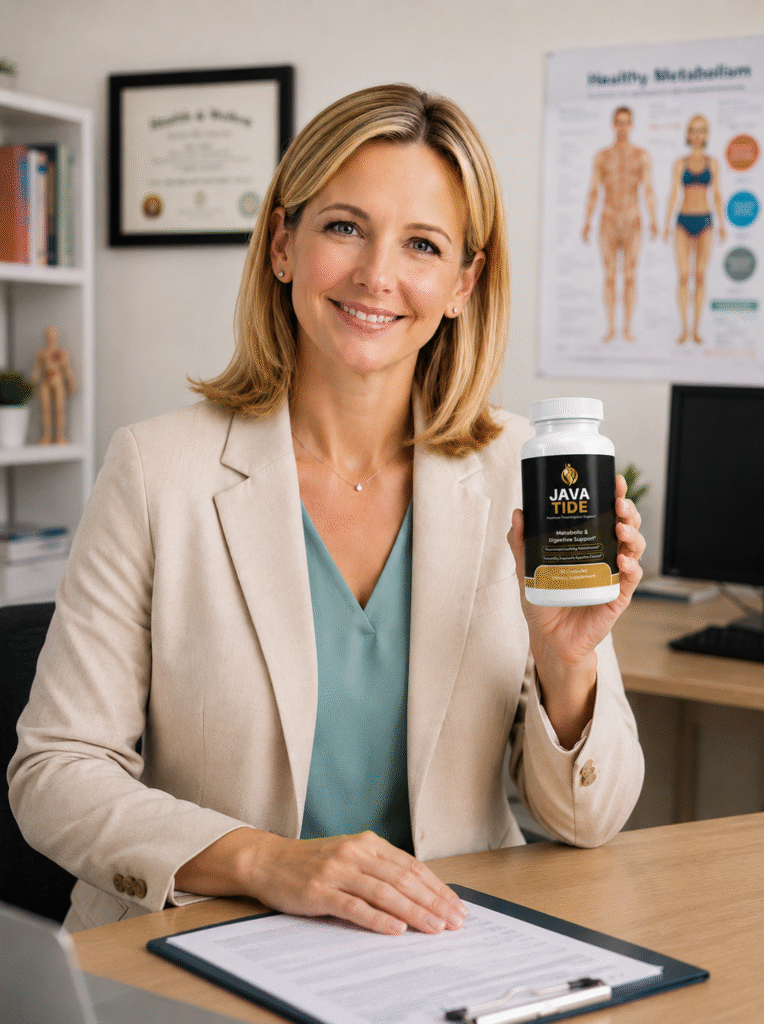 Health professional presenting and discussing JavaTide supplement benefits