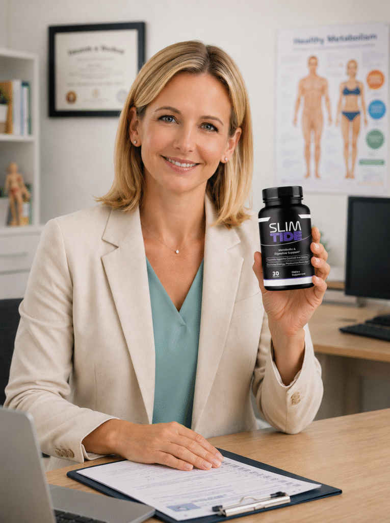Nutritionist holding Slimtide supplement and recommending digestive support formula