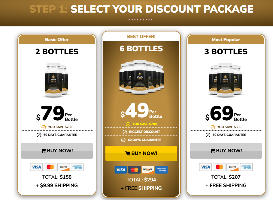 JavaTide package options showing bottle quantities, pricing and discounts