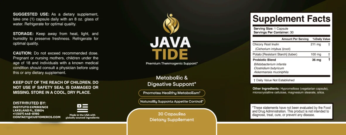 Official JavaTide supplement facts label showing ingredients and nutritional information