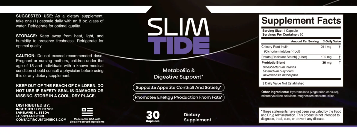 Official Slimtide supplement label with ingredients and metabolic support claims
