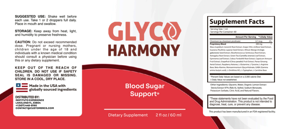 Gluco Harmony Drops product label showing supplement facts, natural ingredients, and usage instructions for blood sugar support.