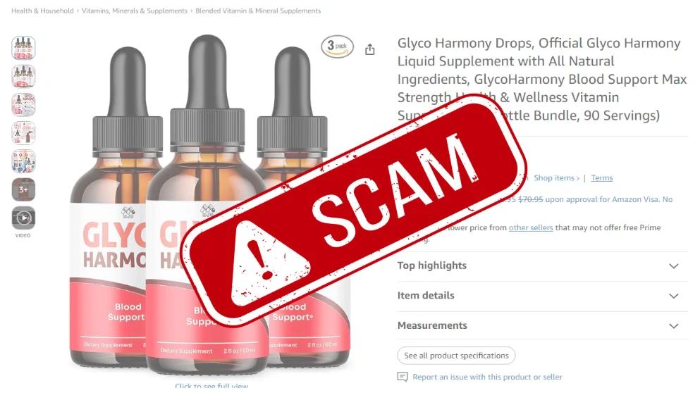 Scam alert warning for Gluco Harmony Drops, highlighting the risk of counterfeit products sold by unauthorized sellers.
