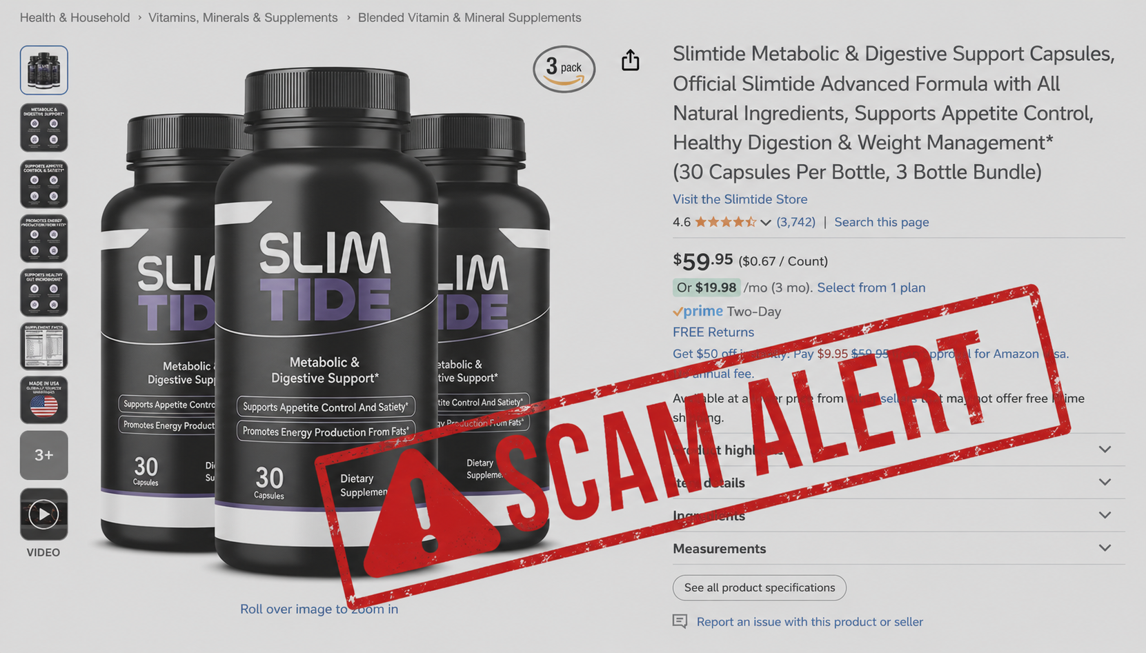Slimtide scam alert warning about fake products sold on Amazon and marketplaces