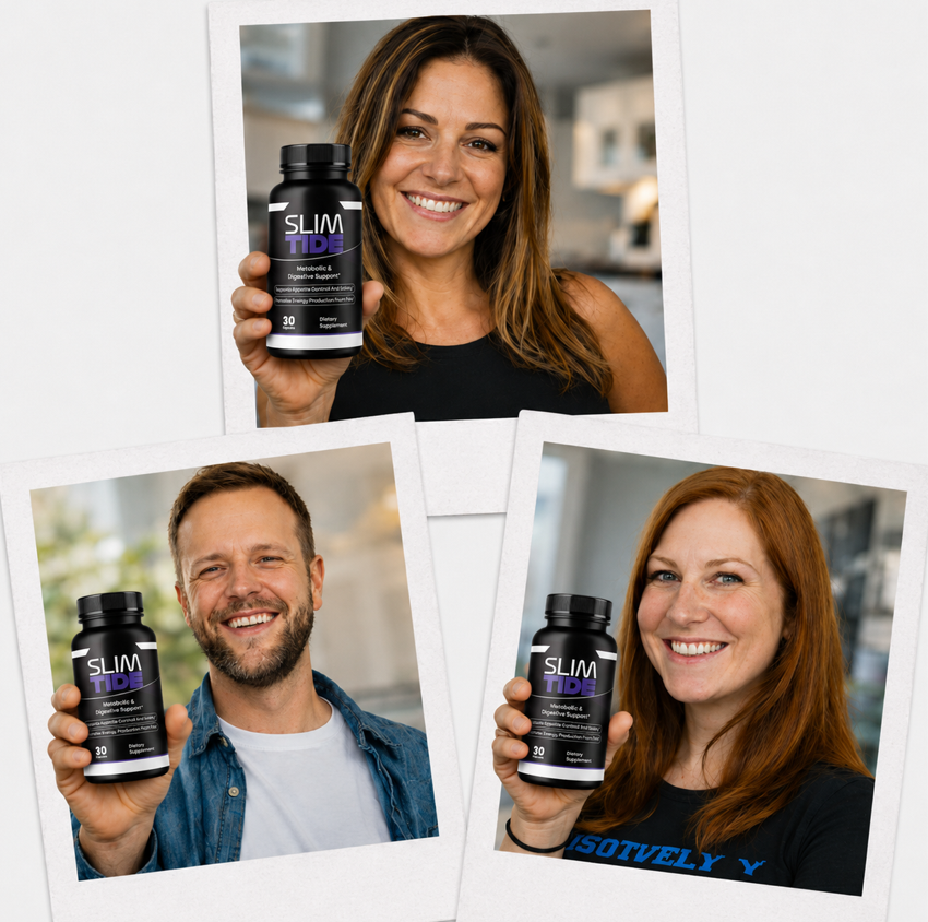 Happy customer holding Slimtide supplement after positive experience
