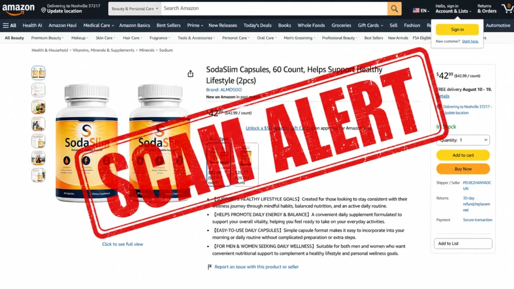 Scam warning image showing counterfeit SodaSlim supplements sold by unauthorized sellers