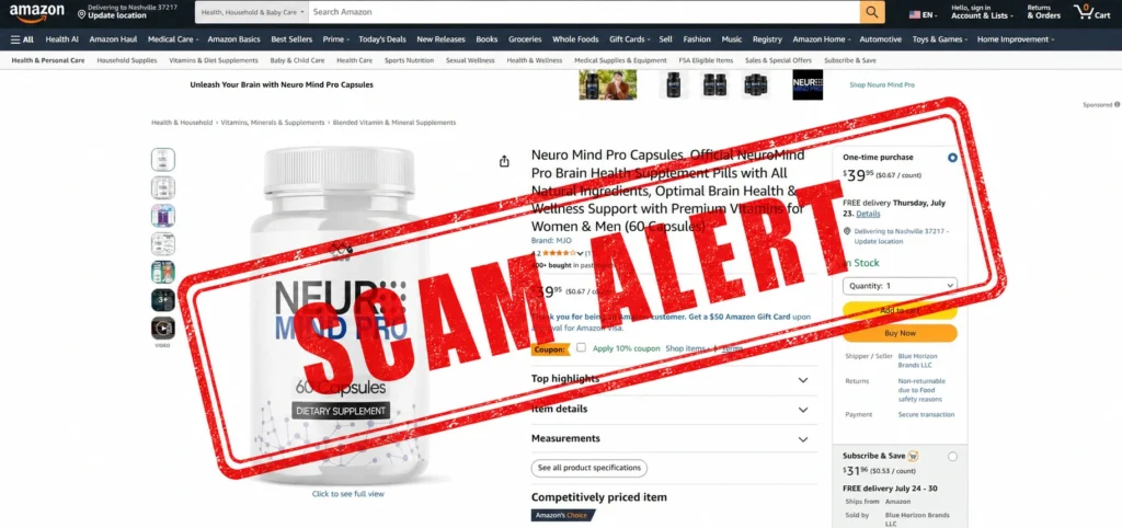 NeuroMind Pro scam alert warning against counterfeit products sold on unauthorized marketplaces