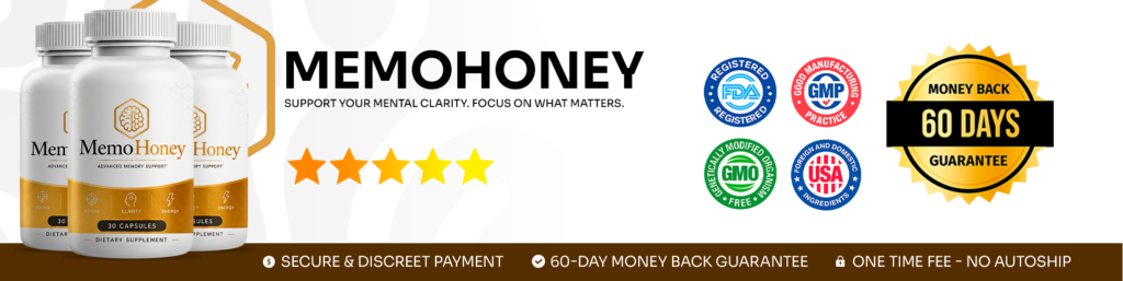 MemoHoney official website banner with product bottles and special offer