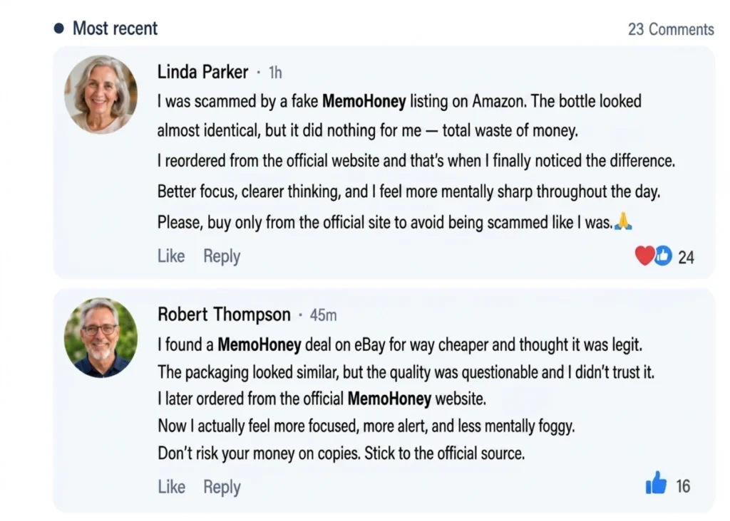 Warning that authentic Memohoney is not sold through Amazon, eBay, or unauthorized marketplaces