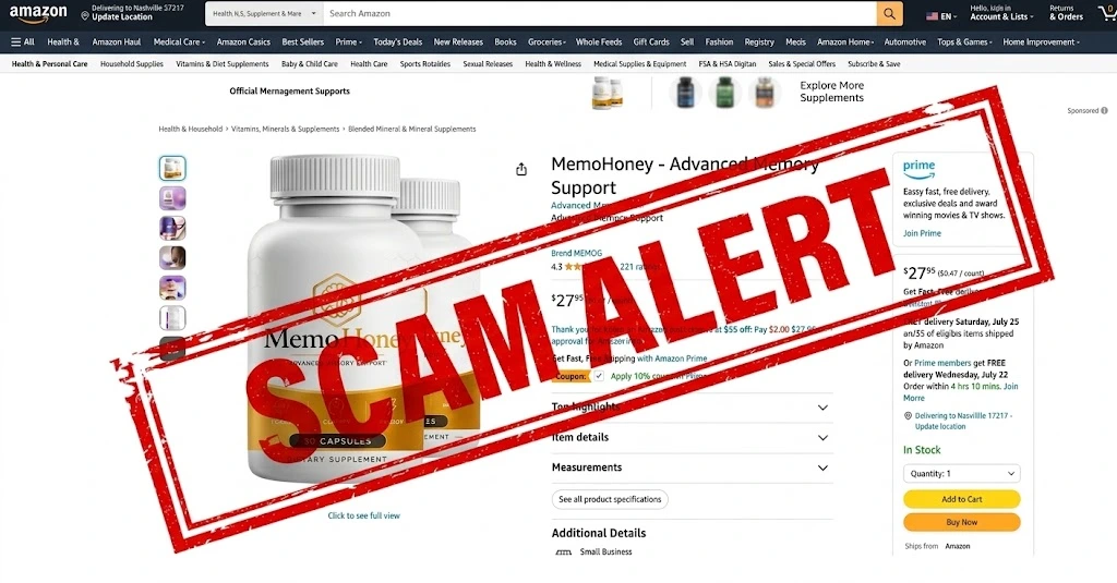 MemoHoney scam alert warning about unauthorized Amazon and marketplace sellers