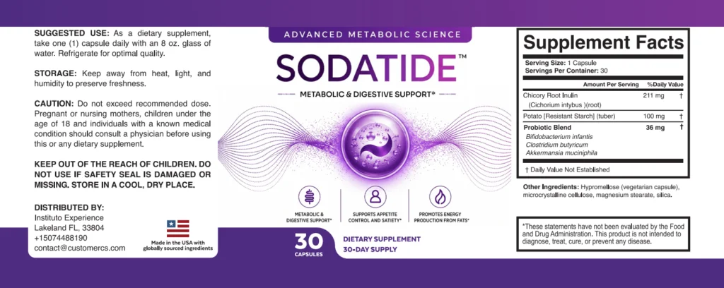 SodaTide Supplement Facts label showing potato resistant starch, probiotic blend and chicory root inulin