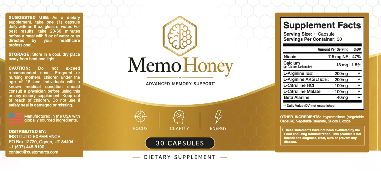 MemoHoney supplement facts label with ingredients and serving information