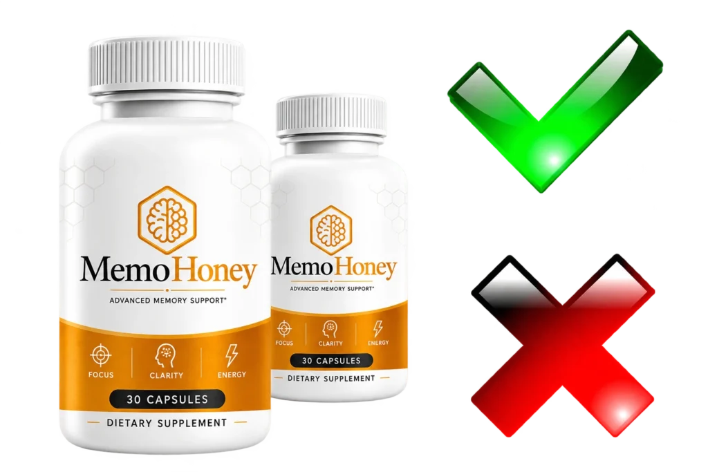 MemoHoney supplement with green check and red X for scam or legit review