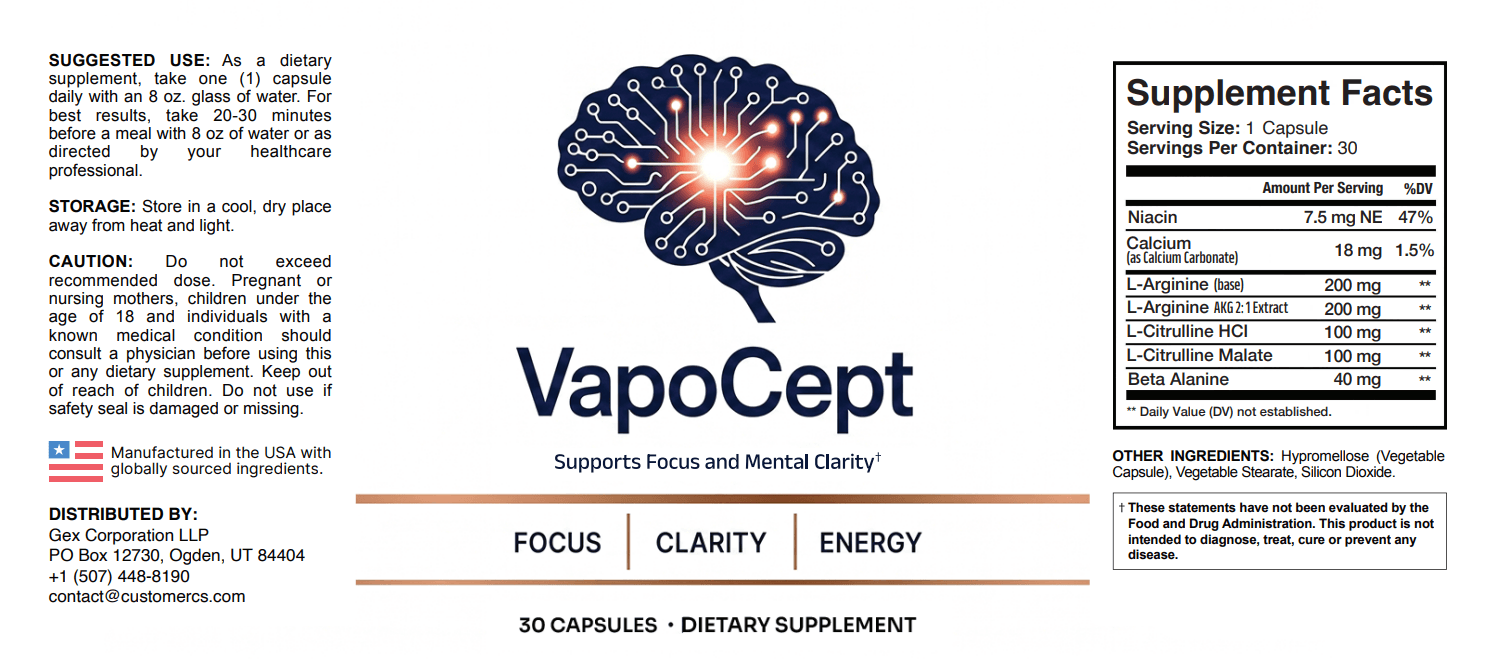 VapoCept Supplement Facts label with Niacin, Calcium, L-Arginine, L-Citrulline and Beta-Alanine