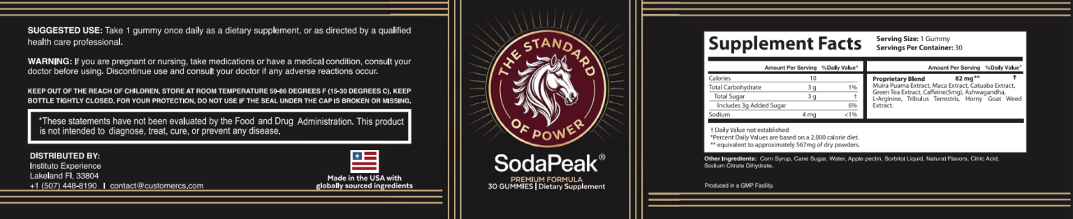SodaPeak supplement label with Supplement Facts, suggested use, warnings and manufacturer information