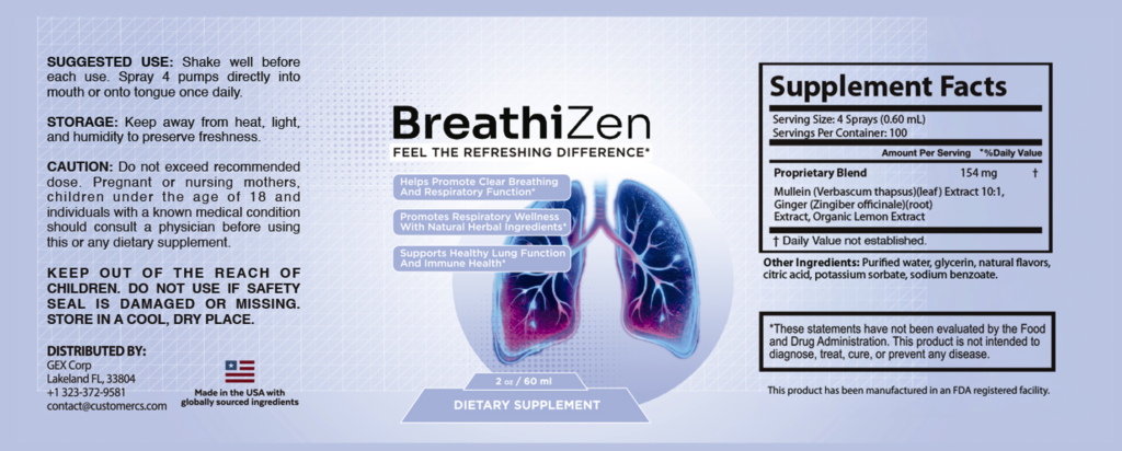 BreathiZen product label showing supplement information and suggested serving directions